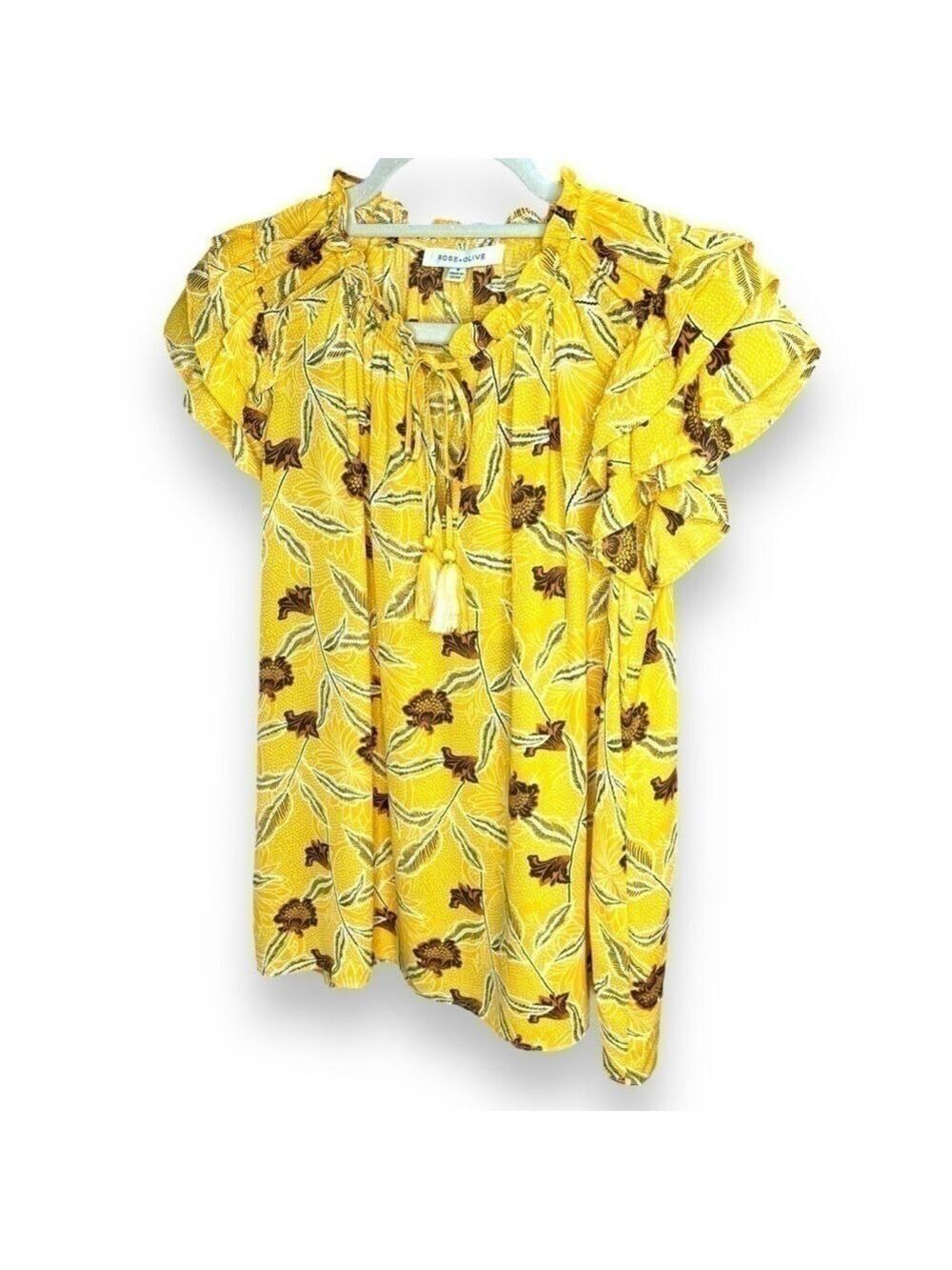NWOT Rose & Olive Yellow Ruffle Floral Top - Small